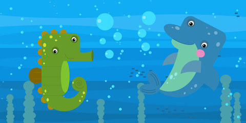 Funny cartoon undersea scene with swimming coral reef fishes illustration