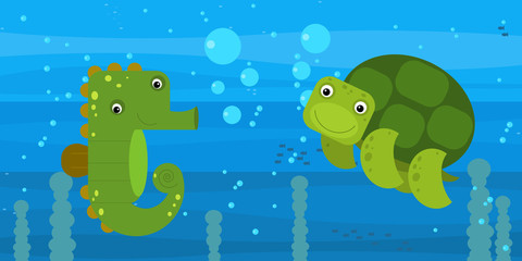 Funny cartoon undersea scene with swimming coral reef fishes illustration