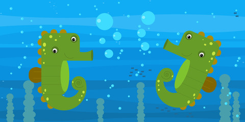 Funny cartoon undersea scene with swimming coral reef fishes illustration