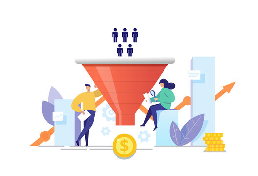 The process of communication and attracting new customers and making a profit business concept. Sales funnel analysis flat vector illustration. Purchase funnel, lead generation in digital marketing.
