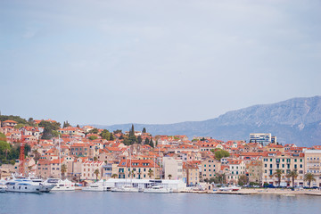 Obraz premium Travel by Croatia. Beautiful landscape with Split Old Town on sea shore.