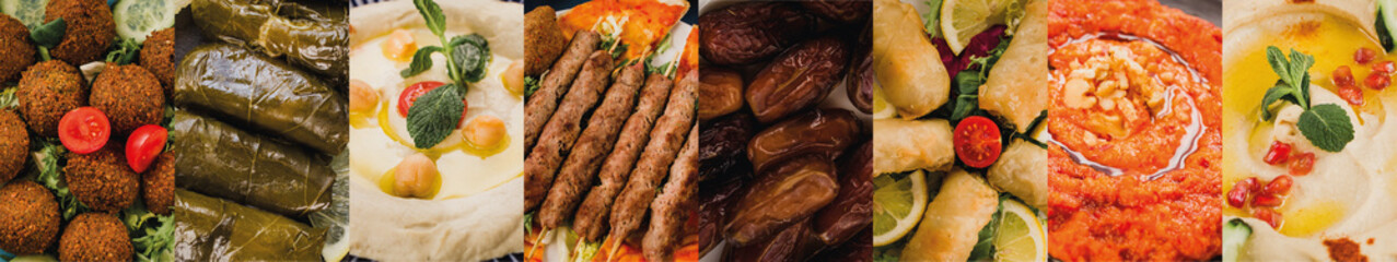 Middle eastern traditional cuisine collage including falafel, dolmas, hummus, halal kebab meat,...