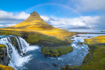 Beautiful view of Kirkjufellsfoss waterfall and Kirkjufell mountain in Snaefellsnes Peninsua - Iceland