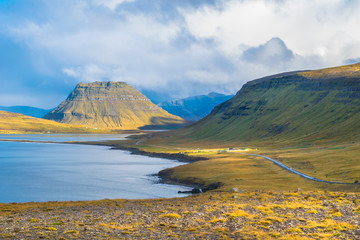 Beautiful  view of Kirkjufell mountain in Snaefellsnes peninsula  from Hringvegur Road - Ring Road...