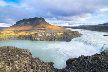 Beautiful view of Pjofafoss waterfall and Burfell mountain - Iceland