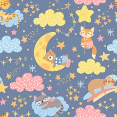 Fotobehang Slapende dieren Naadloos patroon met schattige slapende dieren op maan en ster. Goede nacht en zoete dromen. Cartoon kinderen textuur en achtergrond. vector illustratie