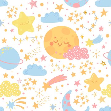 Seamless pattern with cute moon, stars and clouds. Good night and sweet dreams. Cartoon kids texture and background. Vector illustration