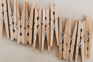 group of wooden peg to hang the washing, sustainable living and alternative to plastic