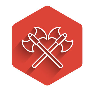 recommend clip art: White line Crossed medieval axes icon isolated with long shadow. Battle axe, executioner axe. Red hexagon button. Vector Illustration