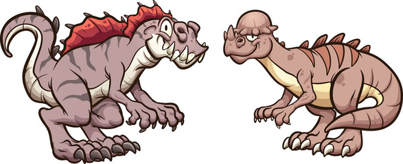 Pachycephalosaurus  and acrocanthosaurus dinosaurs smiling and standing in front of each other. Vector cartoon clip art illustration with simple gradients. Each on a separate layer. © Memoangeles