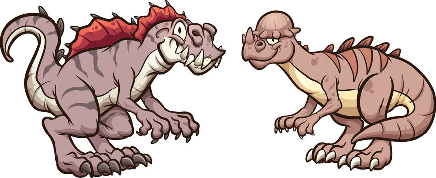 Pachycephalosaurus  and acrocanthosaurus dinosaurs smiling and standing in front of each other. Vector cartoon clip art illustration with simple gradients. Each on a separate layer.