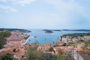 Beautiful view of Hvar old town on the sea shore.