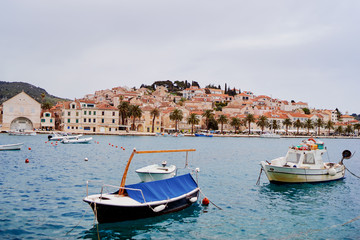 Hvar Old Town Promenade. Sea coast in Dalmatia,Croatia. A famous tourist destination on the Adriatic sea. Old town and marina.