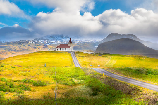 Beautiful view of Ingjaldsholskirkja church in Hellissandur village - Iceland