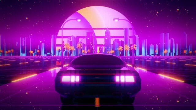 3D Retro Synthwave Night City Car VJ Loop Motion Background