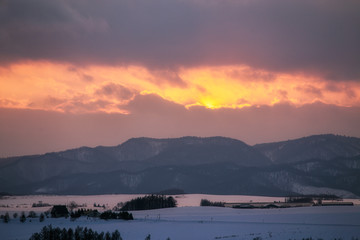 Sunset of Biei Winter in Hokkaido Japan