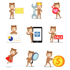 Set character of male wearing gopher costume in brown color.