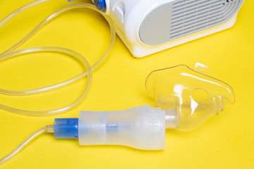 Medical equipment for treatment of asthma. Nebulizer, inhaler, spacer, to cure cough. Bronchi asthma, allergy concept