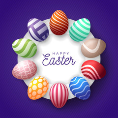 Easter egg banner. Easter card with eggs laid out in a circle on a white plate, colorful ornate eggs on purple modern background. Vector illustration. Place for your text