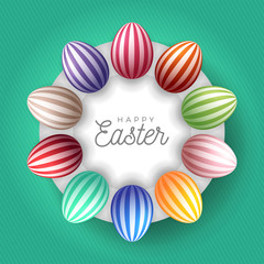 Easter egg banner. Easter card with eggs laid out in a circle on a white plate, colorful ornate eggs on fresh green modern background. Vector illustration. Place for your text