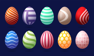 Set of 10 color Easter Eggs with pattern. Design elements for holiday cards. Easter collection with different texture. Colorful, glossy with realistic light and shadow. Vector illustration.