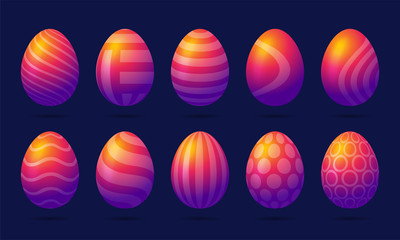 Set of 10 rainbow color Easter Eggs with pattern. Design elements for holiday cards. Easter collection with different texture. Colorful, glossy with realistic light and shadow. Vector illustration.
