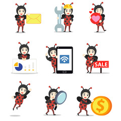 Set character of man catch a ladybug around the tree.