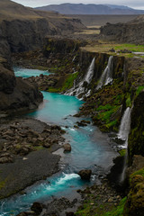 Scenic landscape view of incredible Sigoldugljufur canyon in highlands with turquoise river, Iceland. Volcanic landscape on background. Popular tourist attraction.