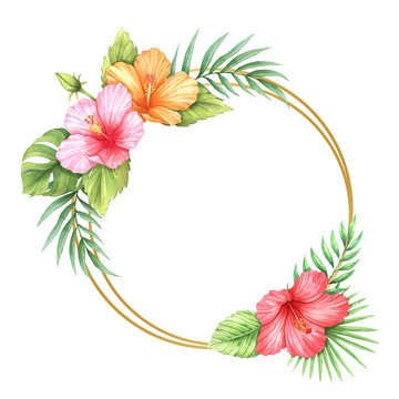 Golden line Circle frame border with hibiscus and tropical leaves.  Handpainted watercolor illustration. Perfect for wedding, birthday and invitation cards,greeting cards, blogs and logo etc