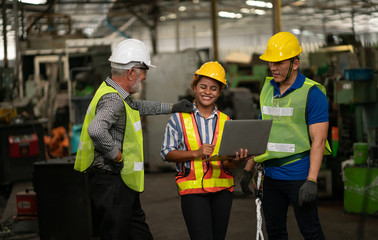 Professional team, quality control, stand maintenance, talk in the Warehouse factory. Team Engineer Factory operator Operating meetings