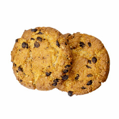 Two cookie with chocolate chips in close - up isolated on white background. Top view, flat lay.
