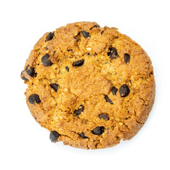 Cookie with chocolate chips in close - up isolated on white background. Top view, flat lay.