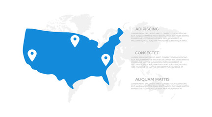 Set of blue USA states elements for infographic with world map presentation slides.