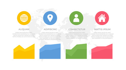 Set of yellow, blue, green and red elements for infographic with world map presentation slides.