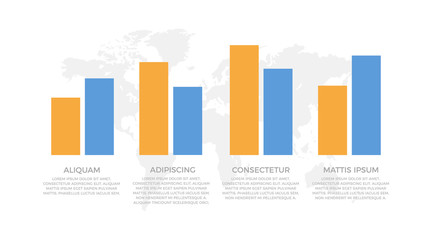 Set of blue, orange elements for infographic with world map presentation slides.