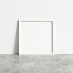 Square empty white frame mock up on concrete floor. Blank frame mock up. 3d illustrations.