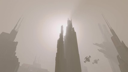 Abandoned futuristic city with fog and sunset, starships flying - 3d animation, 4k