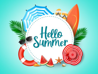 Hello summer vector background template. Hello summer greeting text in white circle frame and colorful beach element of hat, water melon, star fish, sunglasses, surfing board, umbrella, slippers. © Zeinous