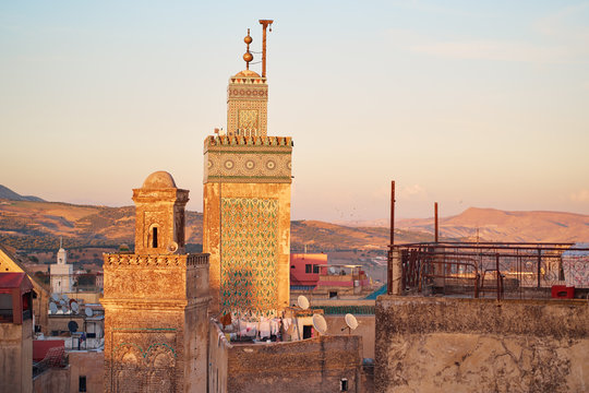 View of Fez City from the roof top terrace. Fes el Bali Medina, Morocco, Africa.