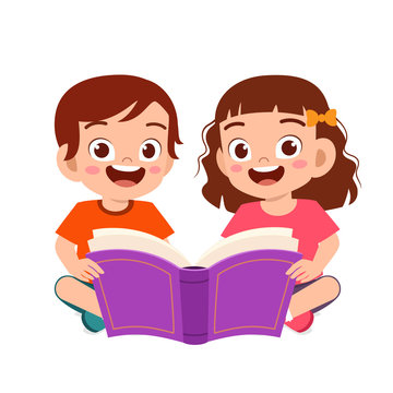 happy cute little kids boy and girl read book