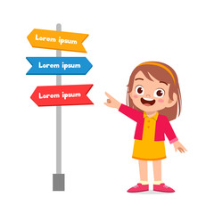 happy cute little kid girl with sign arrow