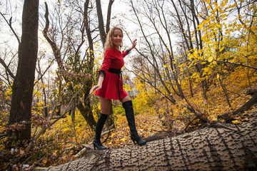 Autumn in the Park, the girl is happy with the good weather.