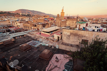 Fototapeta premium View of Fez City from the roof top terrace. Fes el Bali Medina, Morocco, Africa.