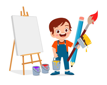 happy cute little kid boy paint artist