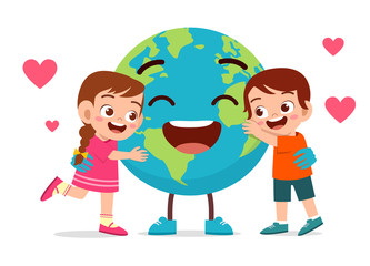 happy cute little kids boy and girl love earth