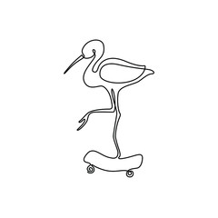 Heron on a skateboard, continuous line drawing, small tattoo, print for clothes and logo design, emblem or logo design, silhouette one single line, isolated abstract vector illustration.