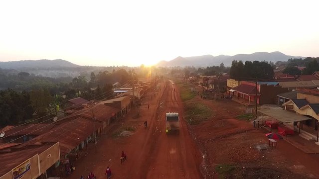 Aerial view of a rural village in Uganda during sunrise
