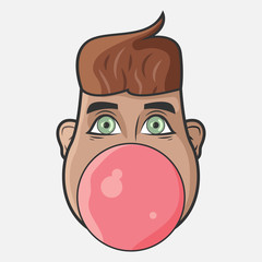 Character for your project. Cartoon vector illustration design. The man with pink bubble gum. Portrait of man who inflates a bubble gum balloon.