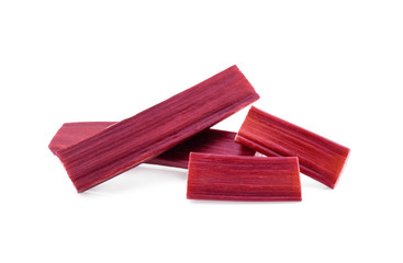 Rhubarb stalks isolated on white background