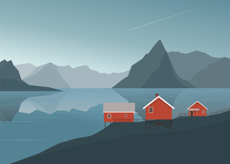 house with background of lakes and mountains in norway - vector illustration